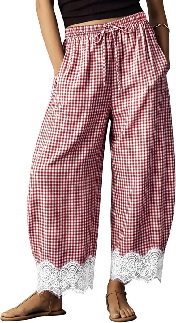 Womens Lace Trim Gingham Barrel Pants Wide Leg Elastic Drawstring Waist Lounge Pants Plaid Trouse... | Amazon (US)