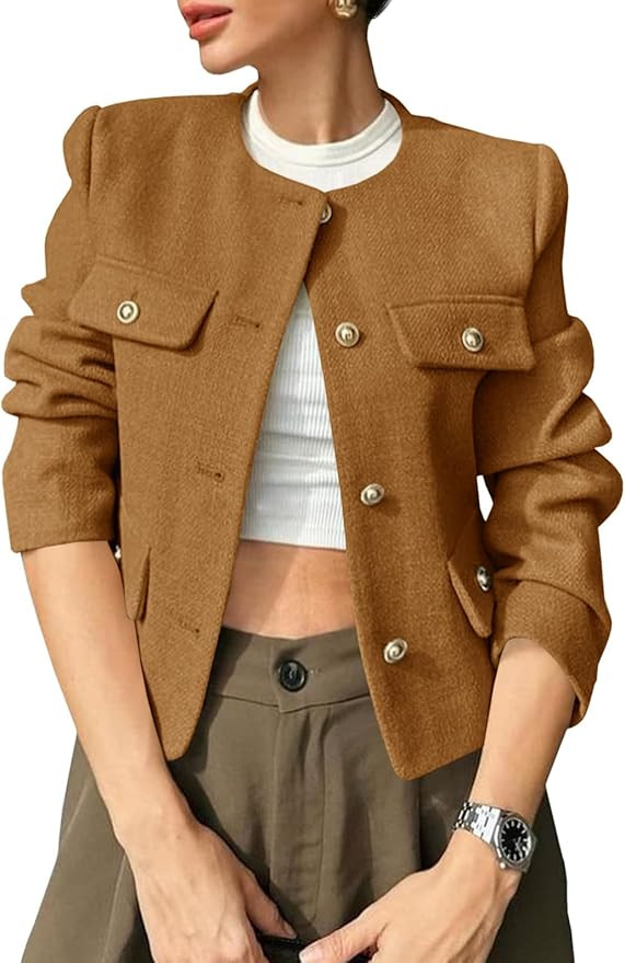 Cicy Bell Womens Cropped Tweed Blazers Jacket Collarless Button Down Business Casual Winter Coats... | Amazon (US)