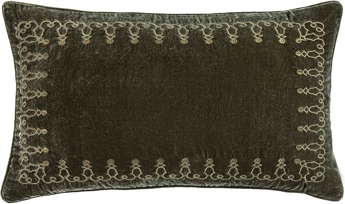 HiEnd Accents Stella Faux Silk Velvet Embroidered Lumbar Pillow, 14x24 inch, Fern Green, Romantic... | Amazon (US)