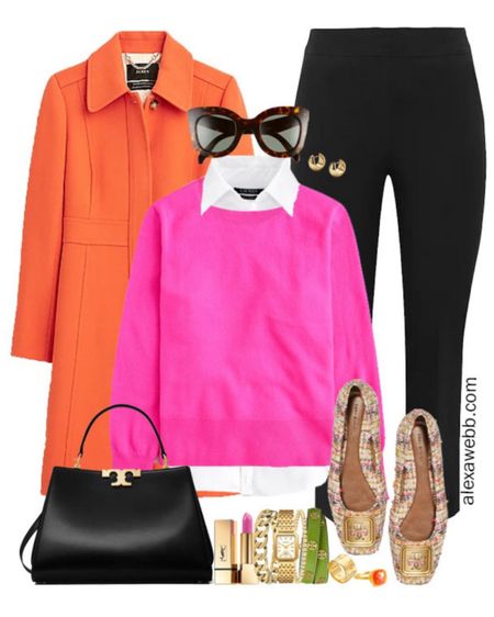 Plus Size Bold Colors for Fall - A plus size casual fall outfit with black kick flare pants, a hot pink sweater, bright orange coat, and boucle flats by Alexa Webb. #plussize

#LTKSeasonal #LTKworkwear #LTKplussize