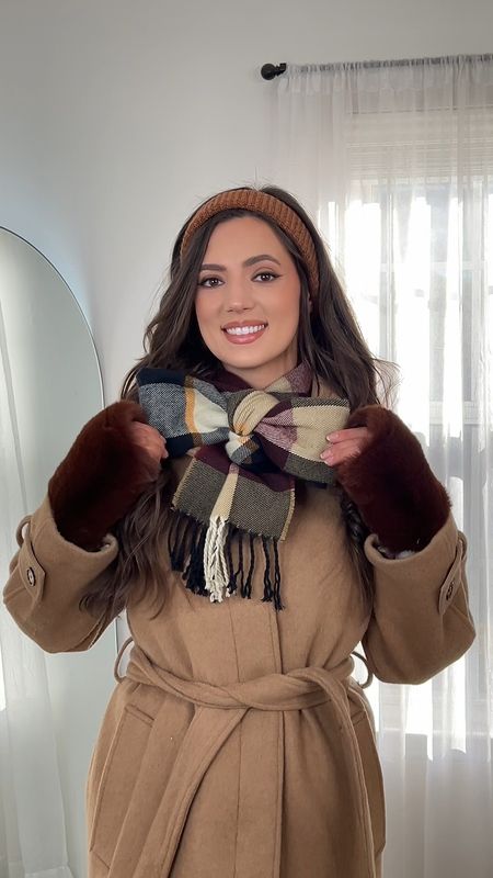 Scarf bow, bow scarf, plaid scarf, winter coat, winter outfit, winter outfits, faux fur gloves 

#LTKSeasonal #LTKVideo #LTKstyletip