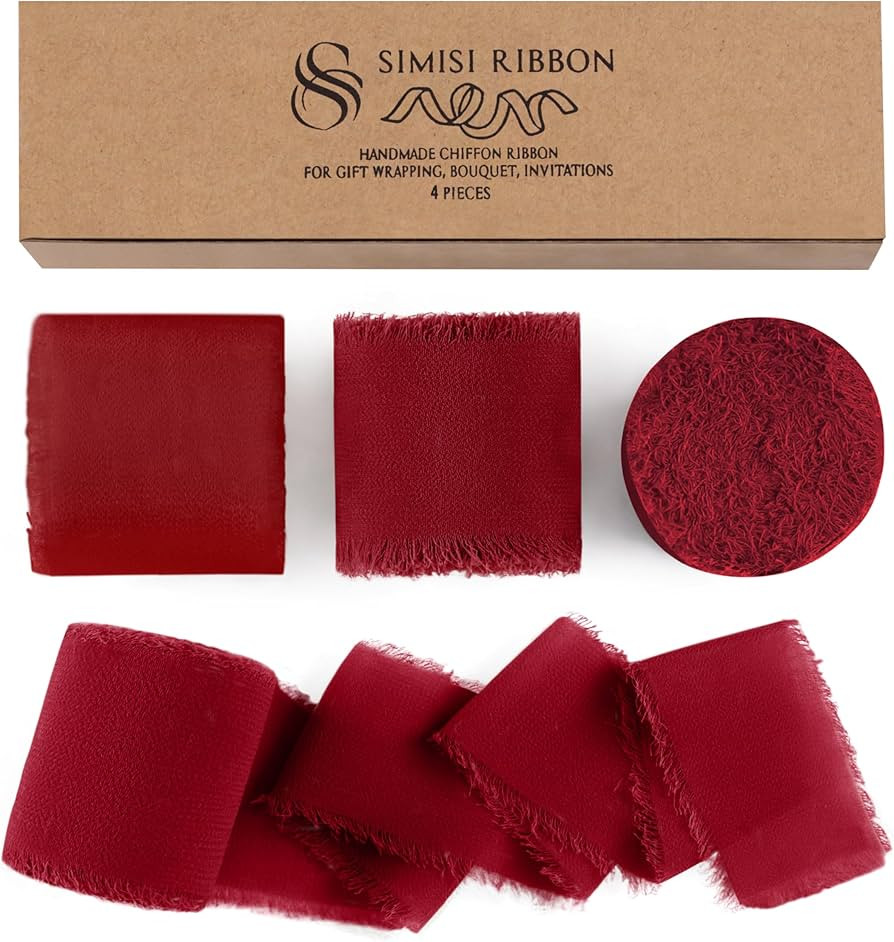 Burgundy Chiffon Silk Ribbon Handmade Frayed Fringe Sheer Boho Ribbon for Flower Bouquet, Gift Wr... | Amazon (US)