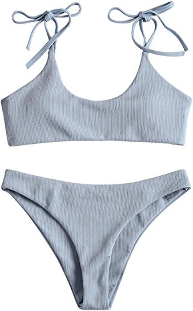 ZAFUL Women's Sexy Tie Shoulders Ribbed Bikini Set Padded Strap Triangle Swimsuit | Amazon (US)
