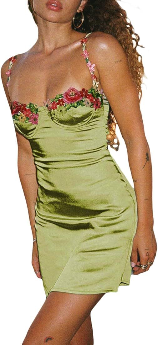 Womens Spaghetti Strap Satin Dress Sexy Lace Backless Low Cut Dresses Hollow Out A-line Bodycon Nigh | Amazon (US)
