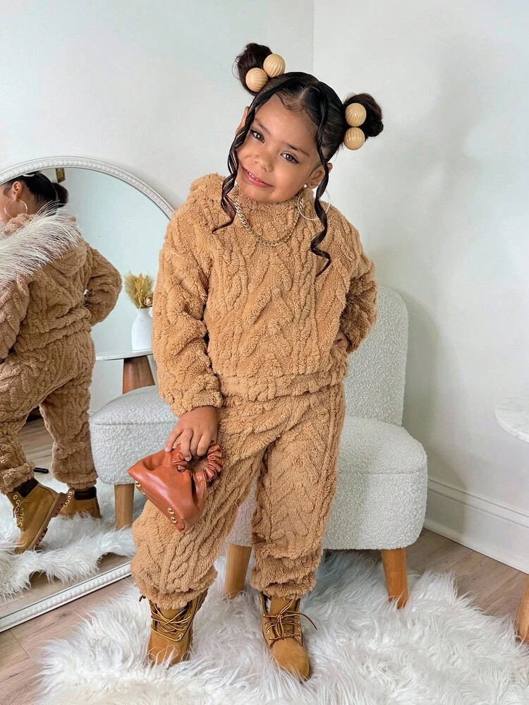 2pcs/Set Young Girls Textured Fleece Hoodie + Loose Fit Pants, Casual Everyday Wear, Suitable For Indoor And Outdoor Fall Winter | SHEIN