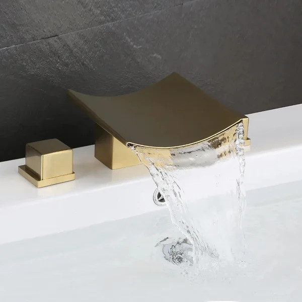 Grop Brushed Gold Waterfall Widespread Bathroom Sink Faucet Double Handle | Homary