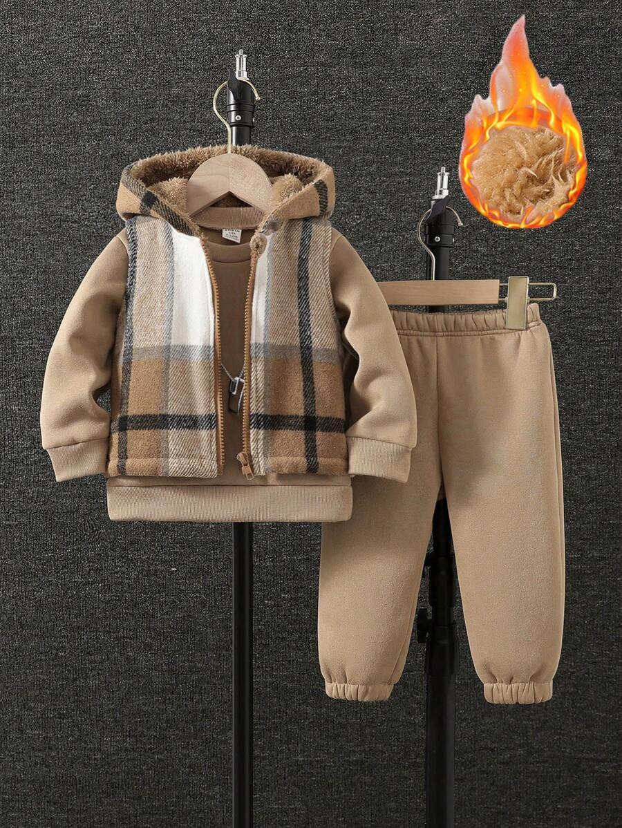 SHEIN 3pcs Baby Boy Outfit: Round Neck Long Sleeve Top, Zipper Front Plaid Vest And Pants Set | SHEIN