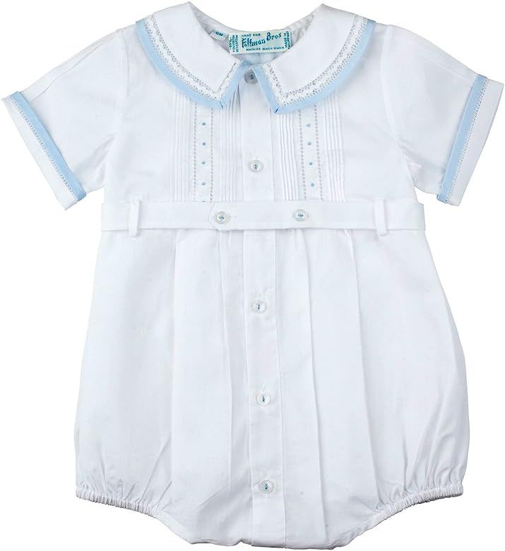 Feltman Brothers Baby Boys White Belted Bubble Outfit with Blue Trim | Amazon (US)