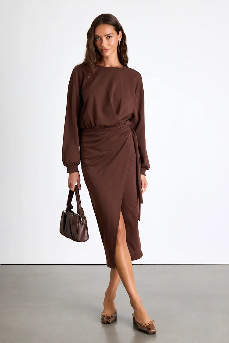Eunia Brown Jersey Knit Long Sleeve Wrap Midi Dress | Lulus