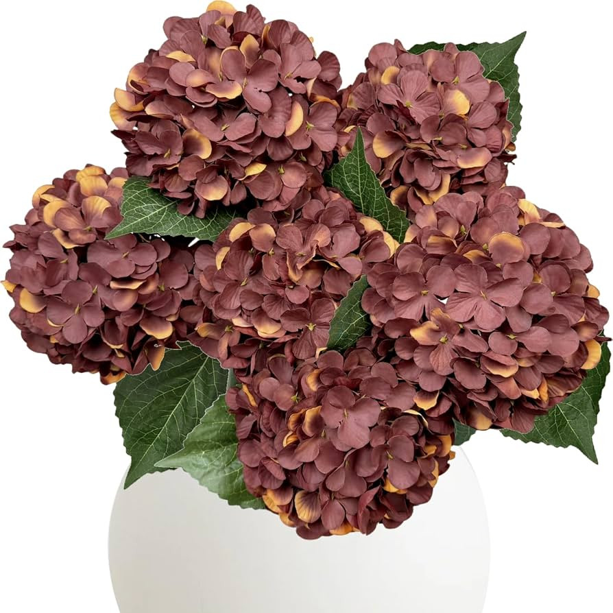 6PCS Premium Brown Hydrangea Artificial Flowers, Bulk Silk Fake Fall Flower with Stems, Faux Hydr... | Amazon (US)