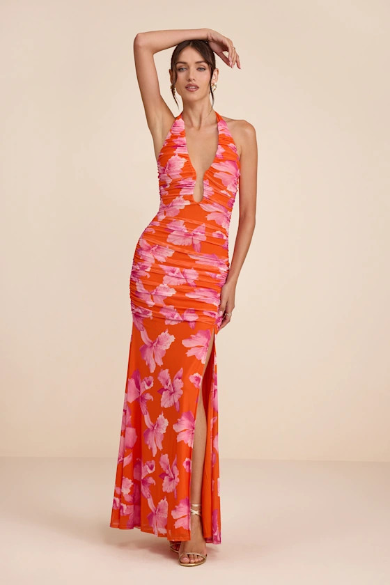 Fiametta Orange and Pink Floral Ruched Maxi Dress | Lulus