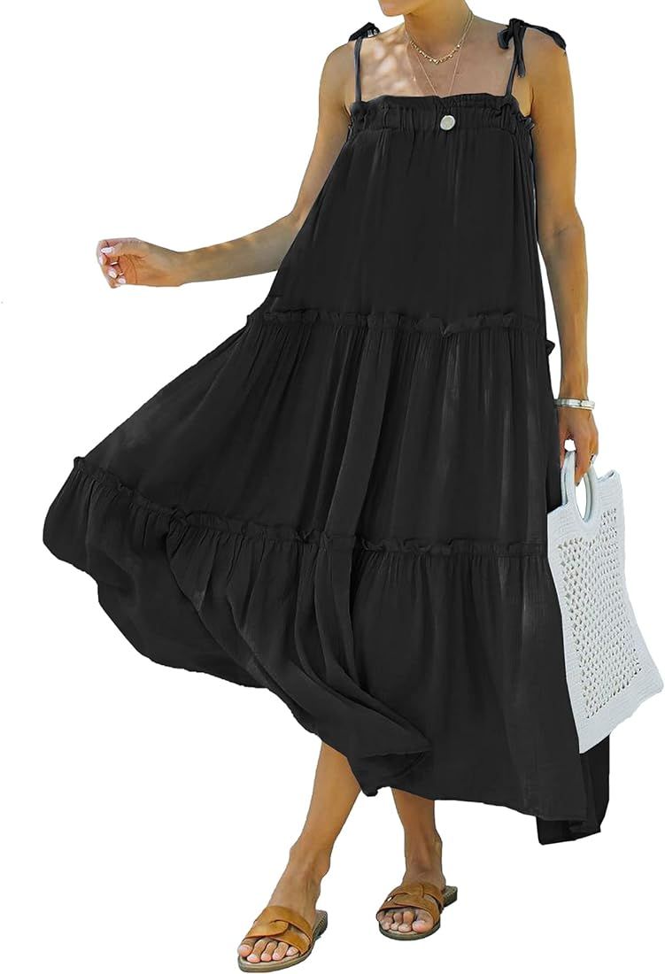 BTFBM Women 2023 Summer Maxi Dresses Sleeveless Spaghetti Strap Casual Sundress Tiered Ruffle Boh... | Amazon (US)