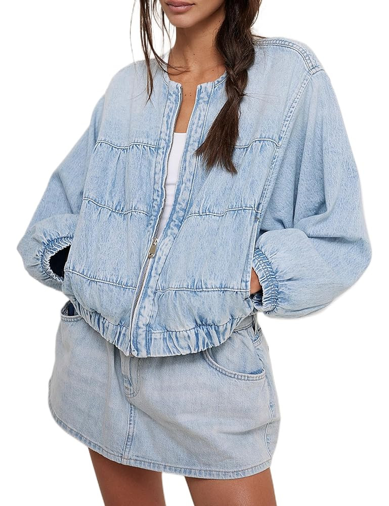 Lumister Womens Cropped Jean Jacket Oversized Zipped Long Sleeves Demin Jacket | Amazon (US)