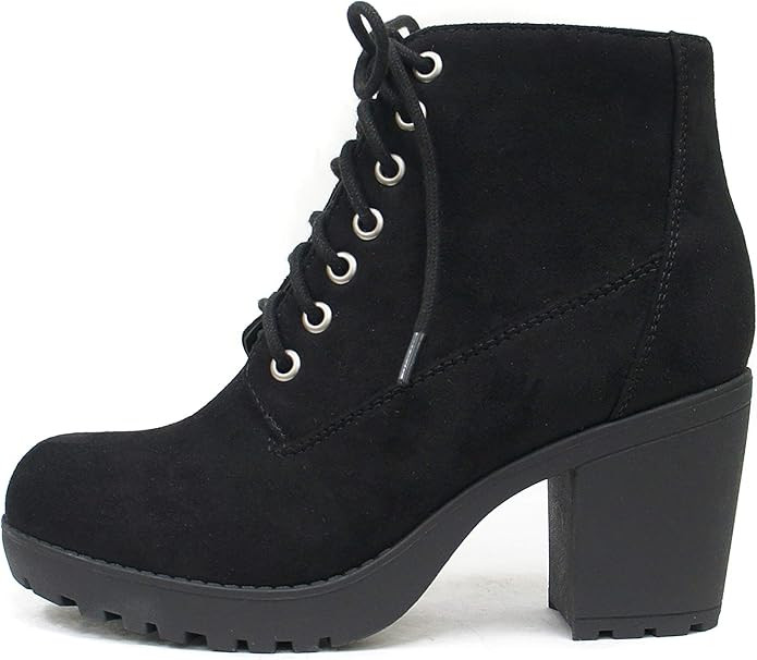 Soda Second Lug Sole Chunky Heel Combat Ankle Bootie Lace up w/Side Zipper | Amazon (US)