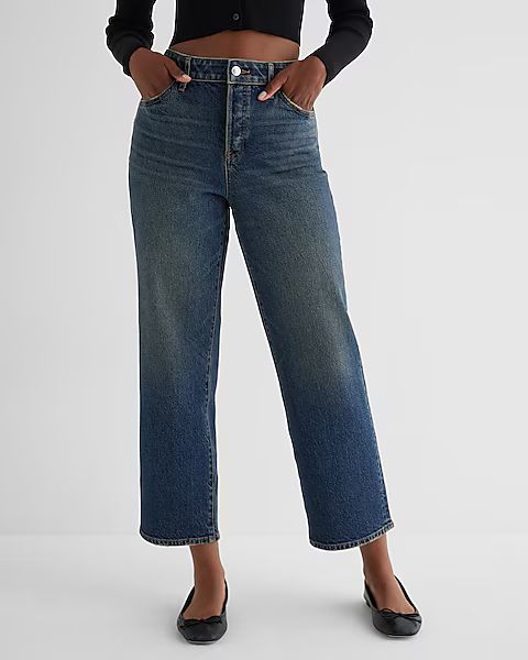 High Waisted Dark Wash Relaxed Straight Ankle Jeans | Express