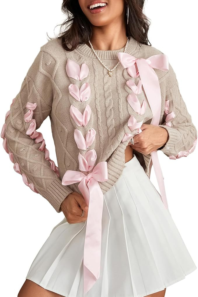 Women Cute Ribbon Lace Up Bow Knit Sweater Y2k Fairy Grunge Loose Fit Pullover Knitted Jumper Vin... | Amazon (US)