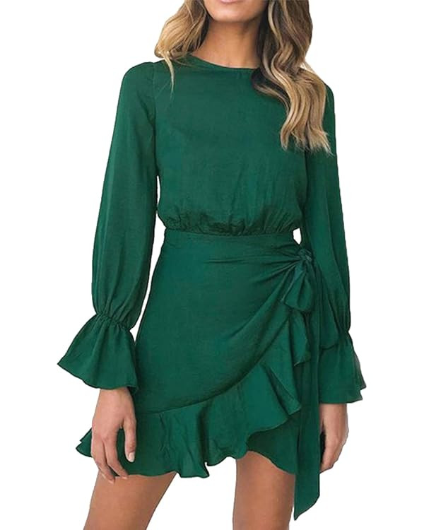 WEEPINLEE Womens Long Sleeve Round Neck Ruffles Wrap Dresses Party Dress | Amazon (US)