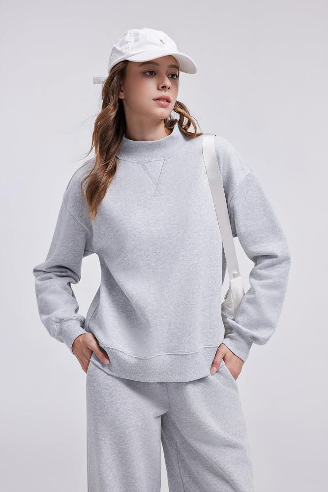 SUUKSESS Women Cotton 2 Piece Outfit Mock Neck Sweatshirt Wide Leg Pants | Amazon (US)