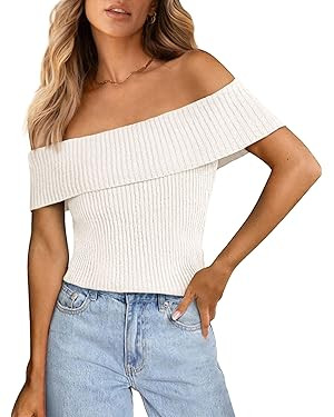 PRETTYGARDEN Suéter de verano 2025 con hombros descubiertos para mujer, blusa de punto acanalado... | Amazon (US)