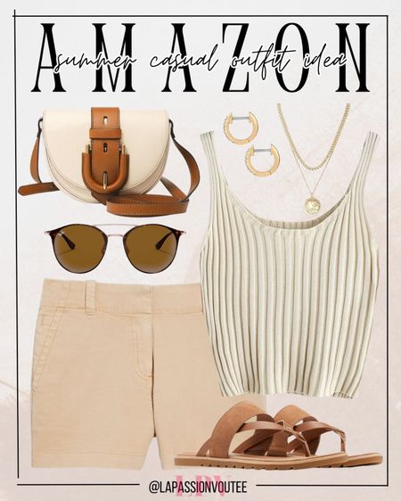 Your everyday summer look, perfected with Amazon finds: classic shorts paired with a rib-knit crop tank, hoop earrings, a necklace, shades, a crossbody bag, and stylish flat sandals.

#LTKSeasonal #LTKfindsunder100 #LTKstyletip