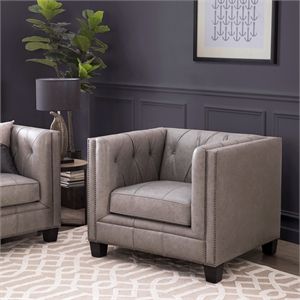 Madison Leather Chesterfield Accent Chair In Grey | Cymax