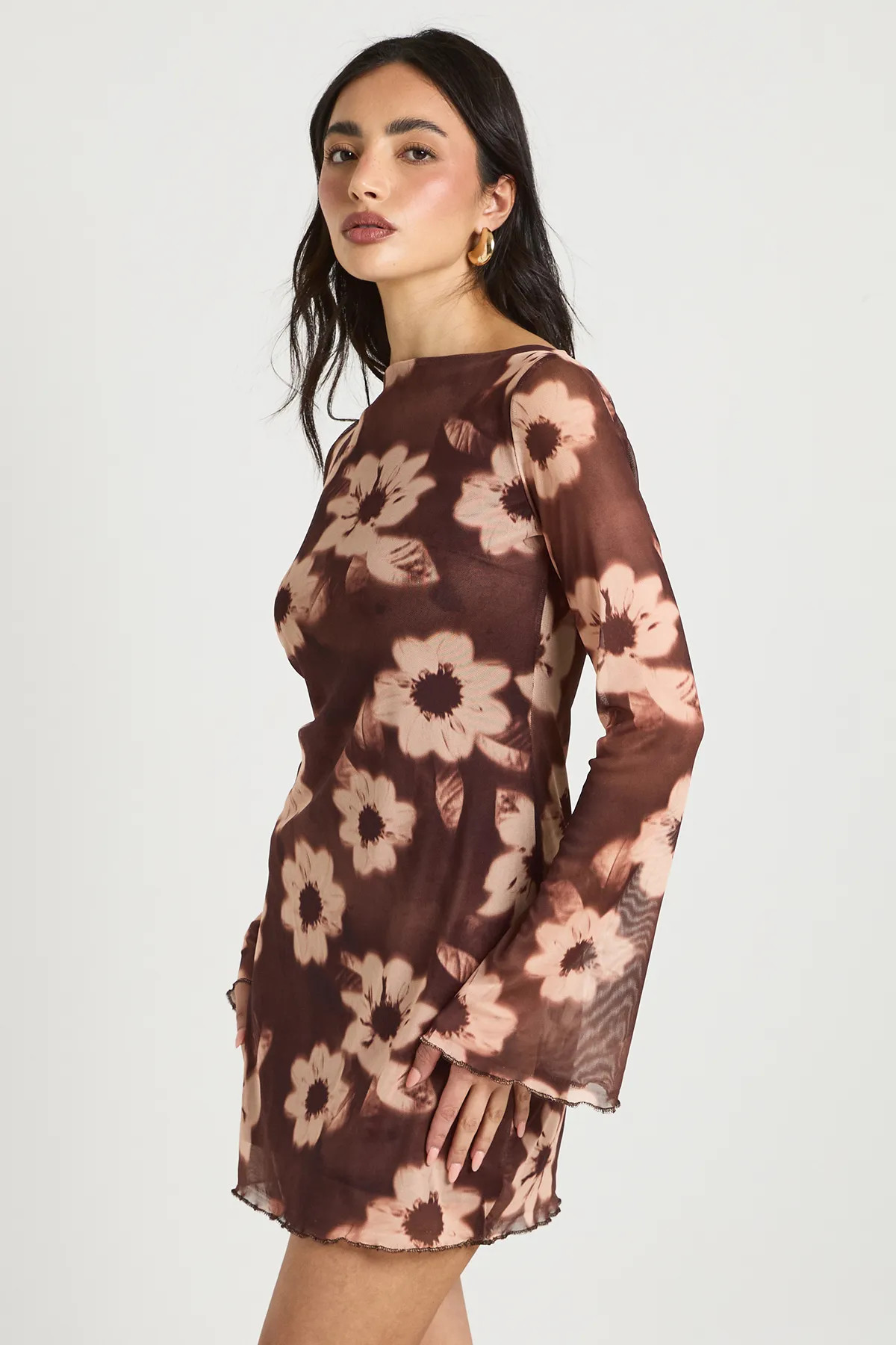 Chocolate Floral Mesh Flare Sleeve Mini Dress | Boohoo USA | boohoo (US & Canada)