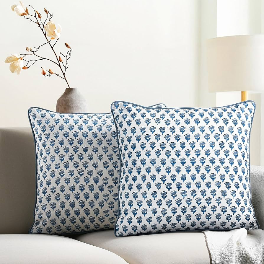 CPC 100% Cotton Throw Pillow Covers 20x20 Inch, Set of 2 Blue Block Print Pattern Couch Pillow, C... | Amazon (US)