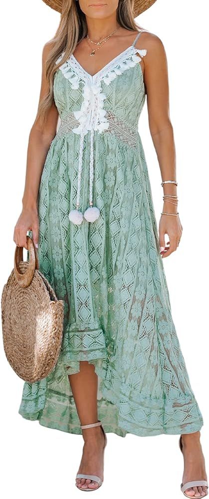 CUPSHE Women's Lace Dresses Boho Tassel V-Neck Flare Ruffle Adjustable Straps Beach Summer Maxi D... | Amazon (US)