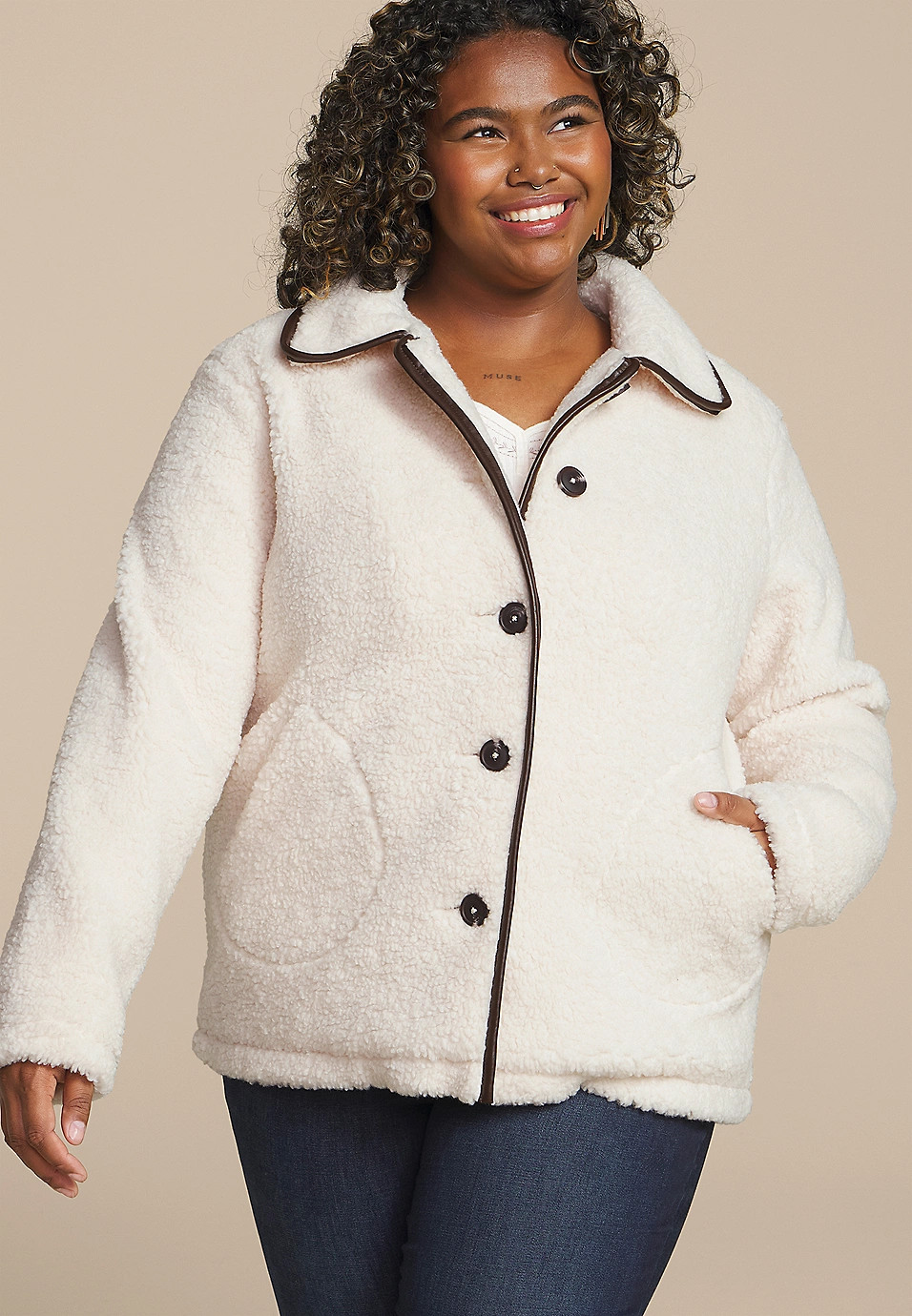 Plus Size Sherpa Faux Leather Trim Jacket | Maurices
