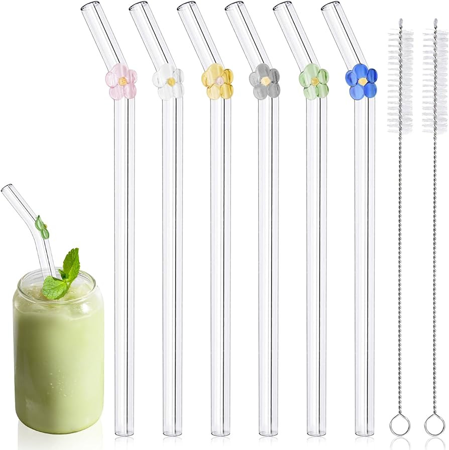 6 Pcs Glass Straws with Charms, 8.3''x10MM Cute Flower Glass Straws Shatter Resistant, Clear Reus... | Amazon (US)
