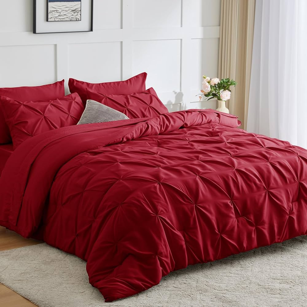 CozyLux Red Comforter Set King - 7 Pieces Bed in a Bag Dark Red, Pintuck Comforters Pinch Pleat B... | Amazon (US)