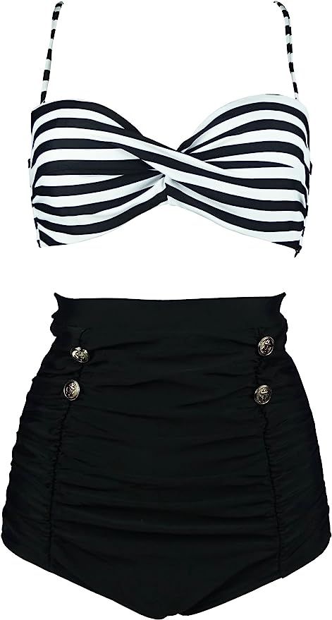 COCOSHIP Retro Polka Dot Twisted Front High Waisted Bikini Set Tie Belt Vintage Ruched Swimsuit(F... | Amazon (US)