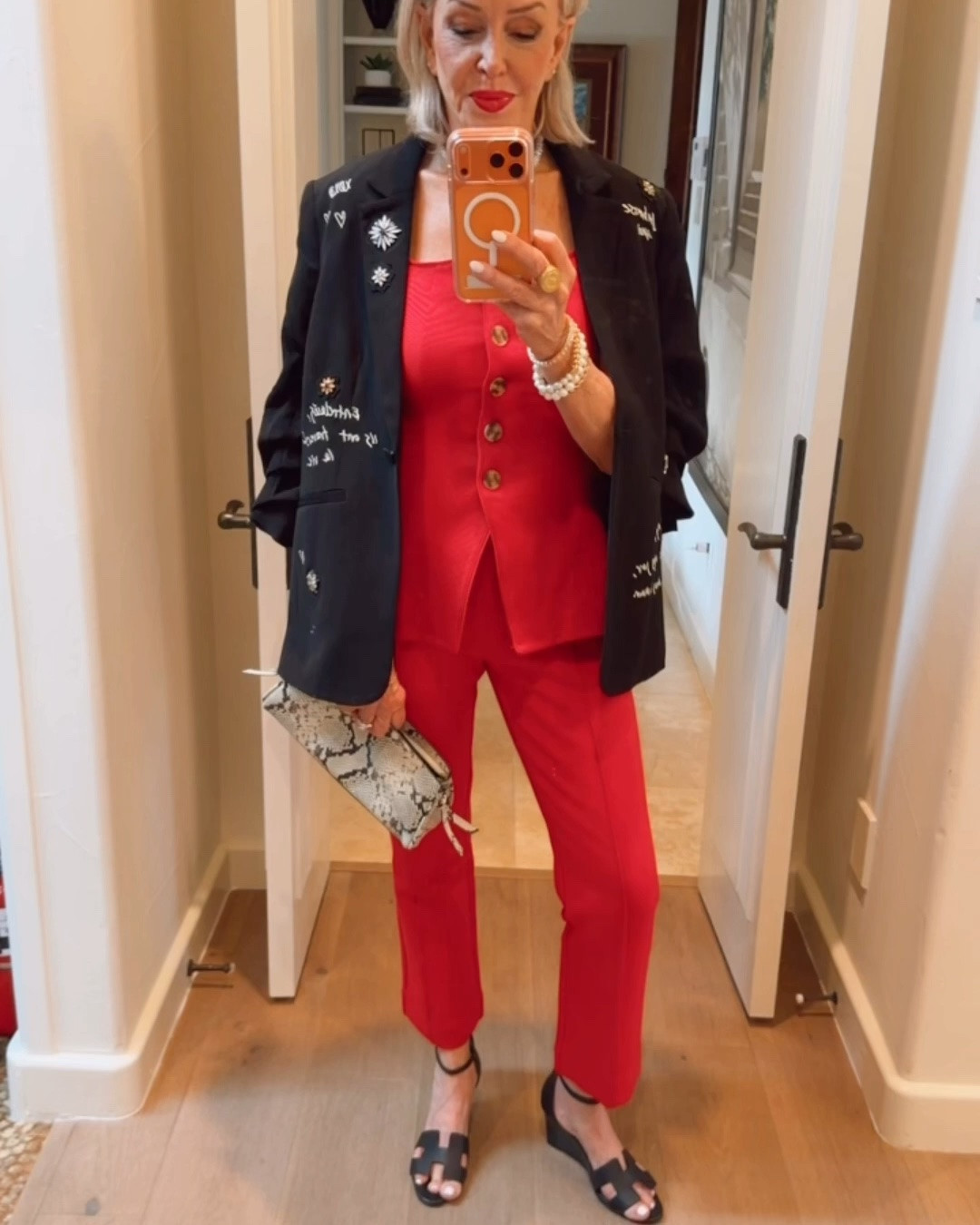 The Poppy kick flare pull on crop pant.
The Poppy pant puts a playful spin on a workwear classic, with a flattering fit through the hips and thighs and a fun silhouette that adds just the right amount of flare.
Maeve longline structured vest. Comes in 4 colors. Runs small I am wearing a size medium
Jan Win pearl heart necklace 
Blazer,

#LTKOver40 #LTKWorkwear #LTKootd