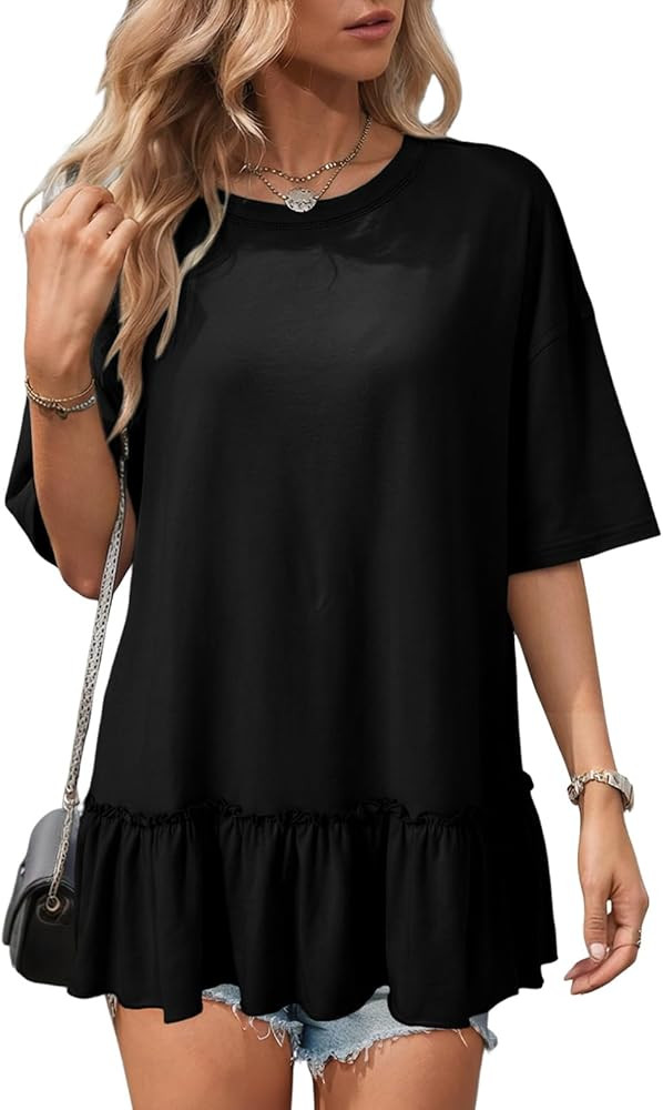 Dokotoo Womens Summer Tops Crewneck Short Sleeve Ruffle Hem Oversized T-Shirts Casual Loose Peplu... | Amazon (US)