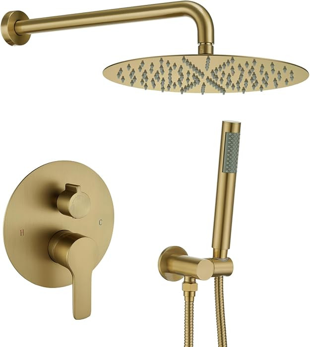 Brushed Gold Shower System Wall Mounted Shower Faucet Mixer Set with 12 Inches Rain Shower head a... | Amazon (US)