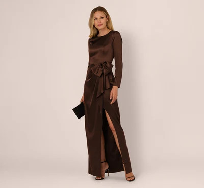 Long Sleeve Satin Bow Gown In Chocolate | Adrianna Papell