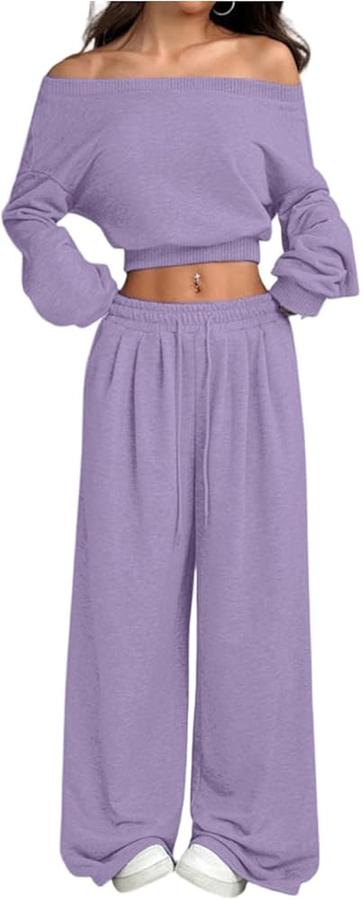 Women's 2 Piece Matching Lounge Set Fall Fashion Long Sleeve Off Shoulder Crop Top Wide Leg Pants... | Amazon (US)