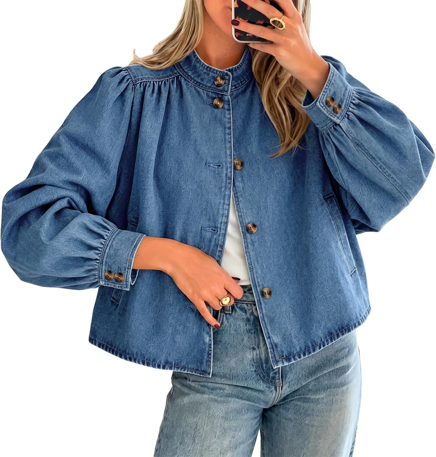 Womens Puff Long Sleeve Jean Jacket Casual Stand Collar Button Down Denim Jackets Loose Fit Tops | Amazon (US)