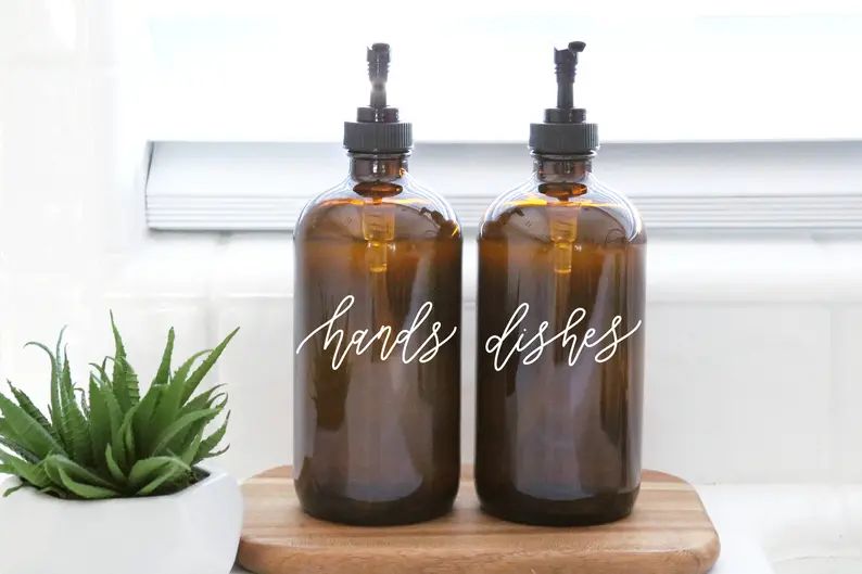HANDS + DISHES | calligraphy amber soap dispenser set | farmhouse kitchen | modern kitchen | indu... | Etsy (US)