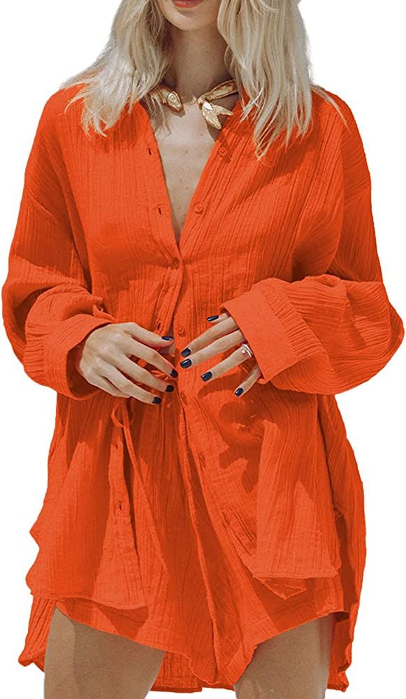 Linsery 2 Piece Summer Outfits Button Down Shirt Top and Shorts Casual Lounge Sets | Amazon (US)
