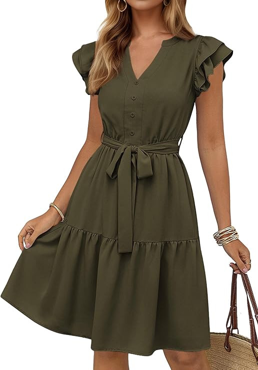 KIRUNDO Summer Dresses for Women 2026 Spring Flutter Sleeve V Neck Ruffle Flowy Tiered Knee Lengt... | Amazon (US)