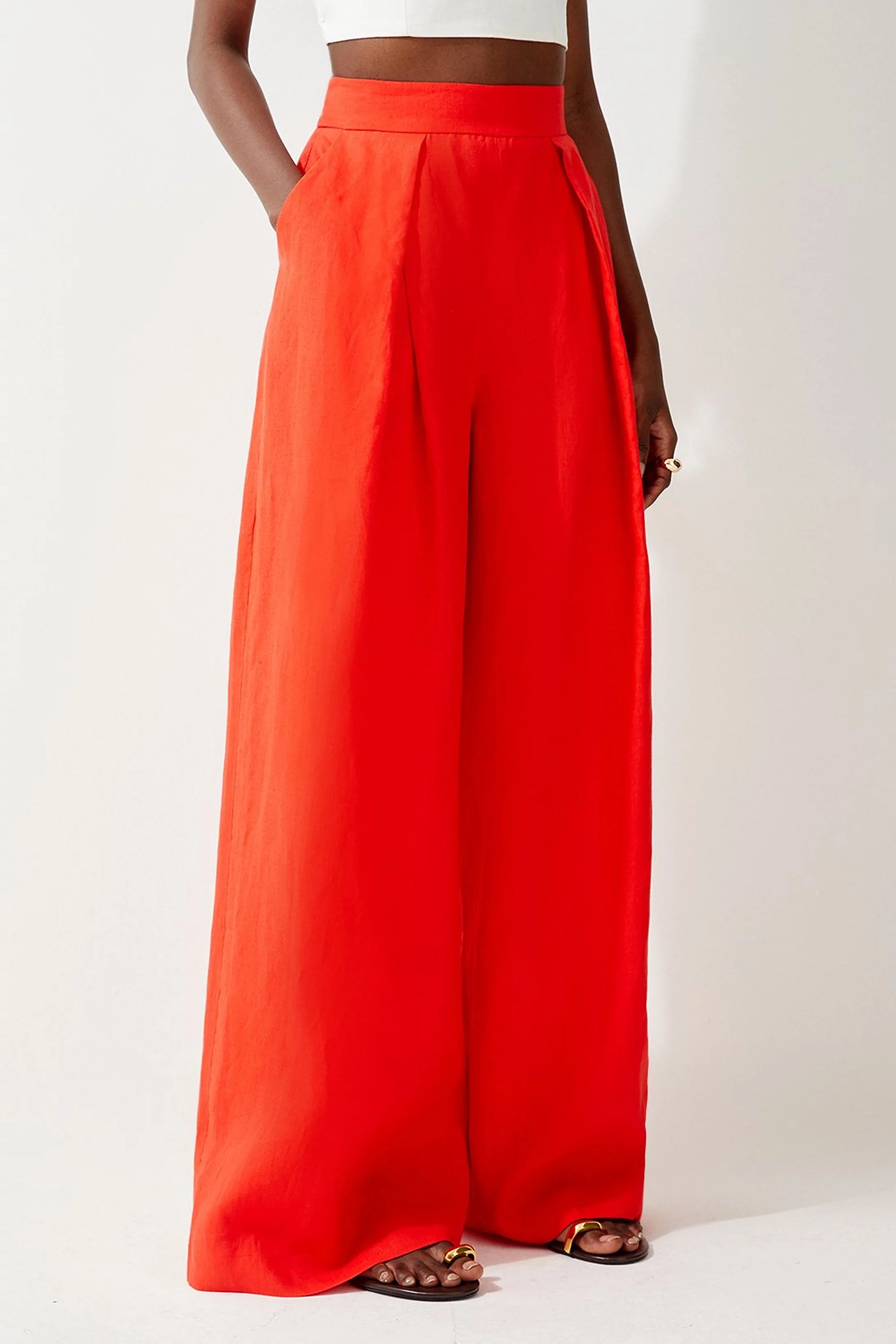 Linen Tailored Pleated Wide Leg Pants | Karen Millen US