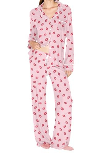 MANBEIYA Women's Pajama Sets Long Sleeve Button Down Soft Knit Sleepwear 2 Piece Valentine's Pajamas (Medium,Lip Print) | Amazon (US)