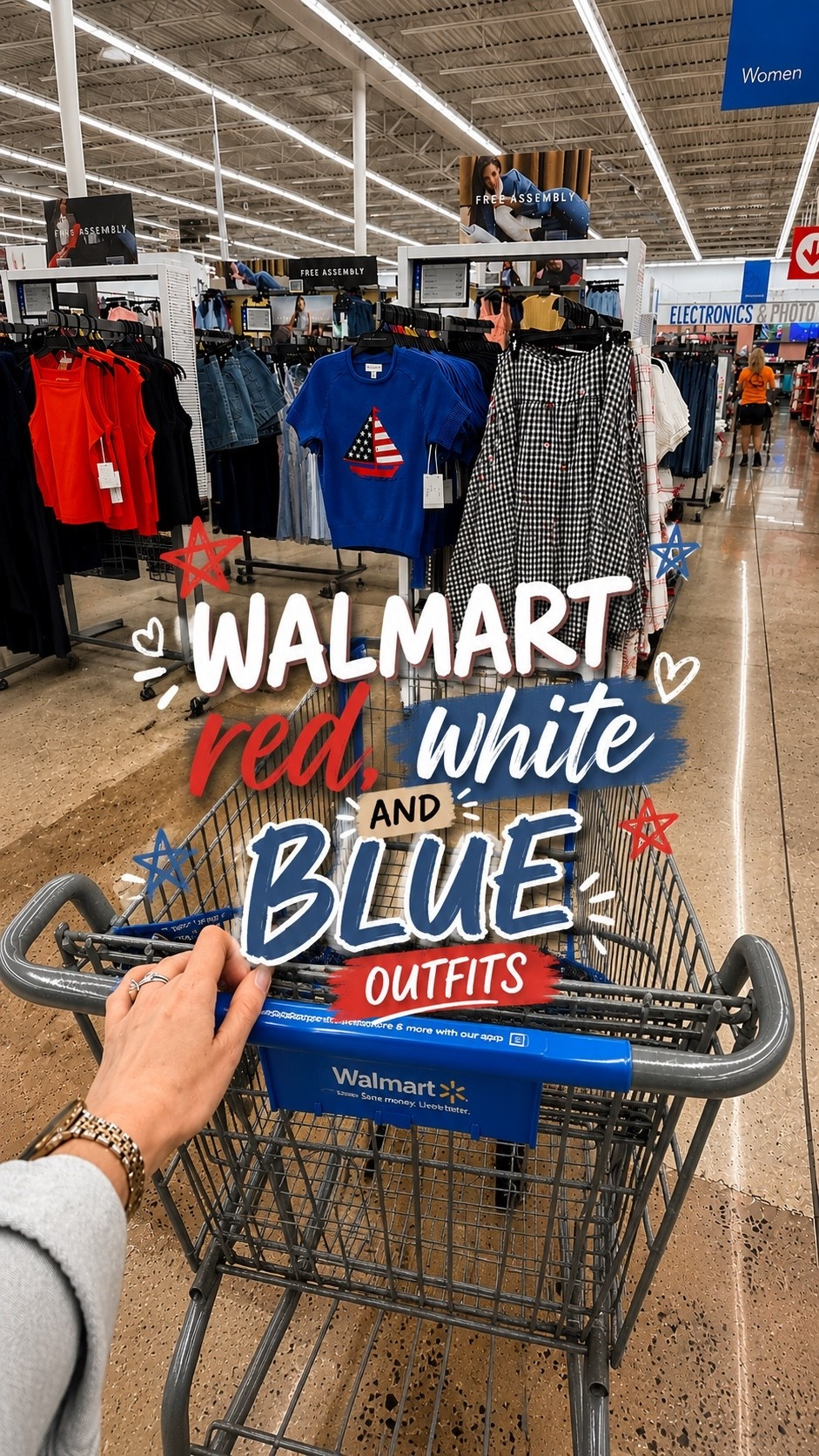 Walmart red, white and blue outfits with finds starting at just $5! #july4 patriotic USA American flag Americana stars stripes Labor Day patriotic fashion finds