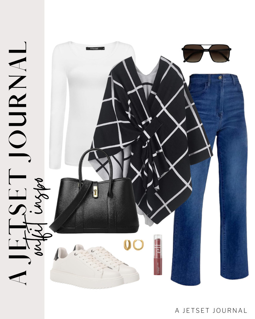 You can wear a black-and-white poncho and trendy aviator glasses to style this white top and KDF straight-leg jeans. I love wearing these MILLA huggie hoop earrings for this outfit. 

 #LTKSeasonal #LTKSaleAlert #LTKTravel