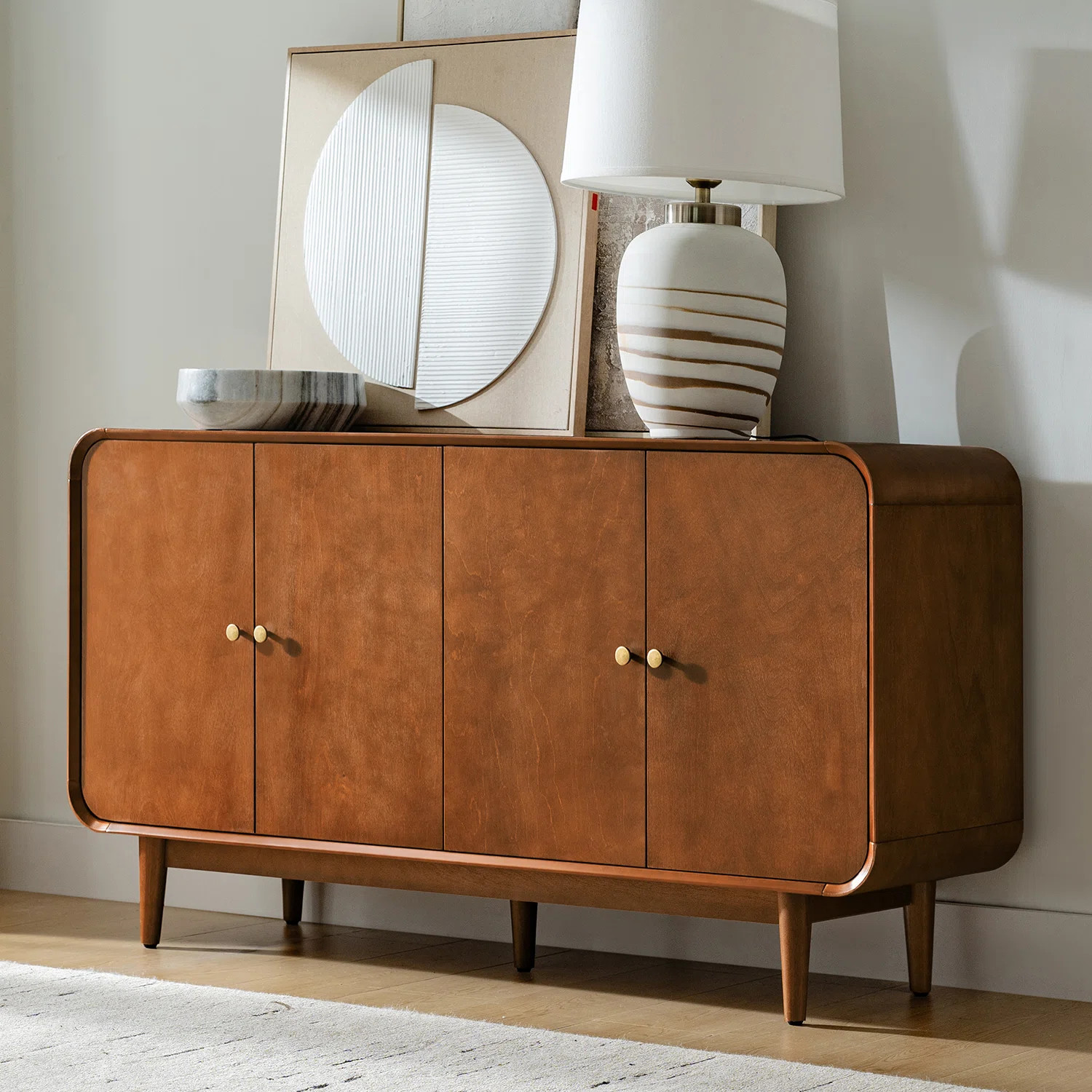 Ebern Designs Alee 58'' Wide Mid-Century Modern Curved Design 4-Door Sideboard with Adjustable Sh... | Wayfair North America