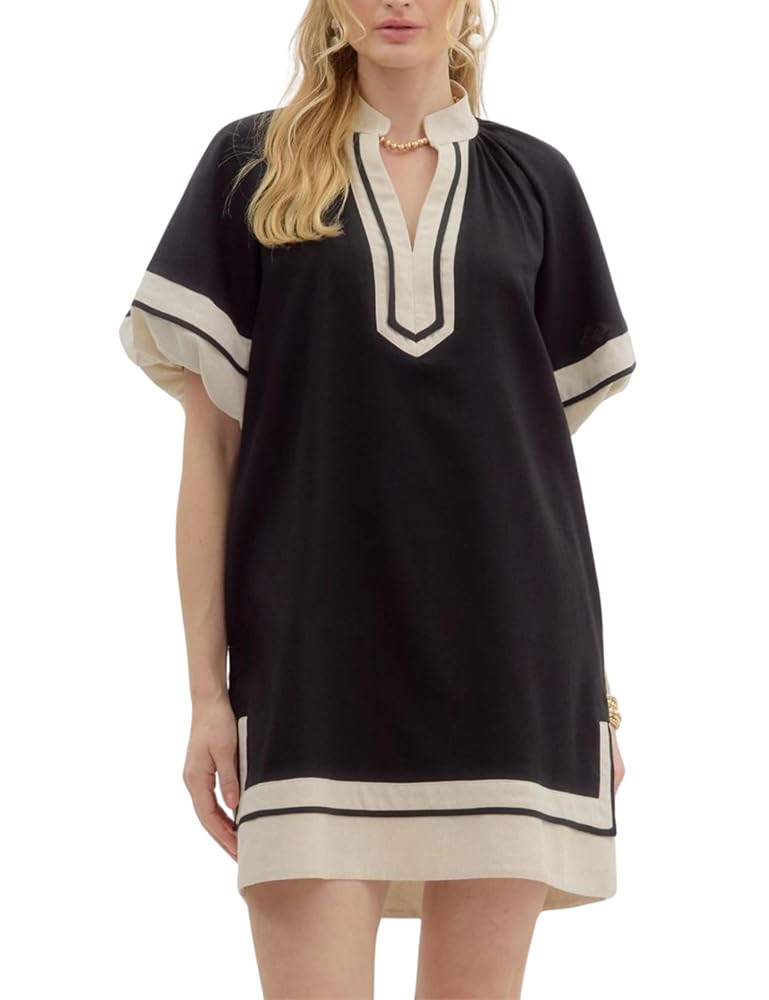 Esmeling Women’s Color Block Pullover Dress V Neck Puff Sleeve Shirt Dress Casual Mini Dress wi... | Amazon (US)