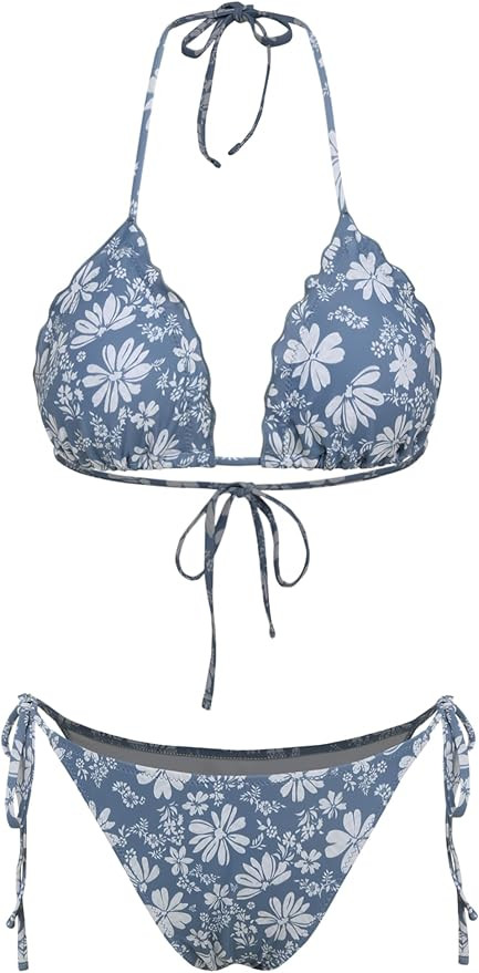 CIDER Halter Floral Lettuce Trim Bikini Set | Amazon (US)