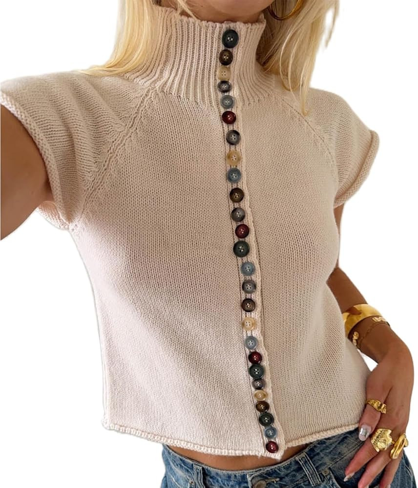 Women Button Down Short Sleeve Knit Top Y2K Turtleneck Rolled Edge Sweater | Amazon (US)