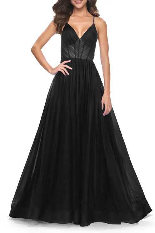 La Femme A-Line Prom Dress with Illusion Ruched Bodice in Black at Nordstrom, Size 12 | Nordstrom